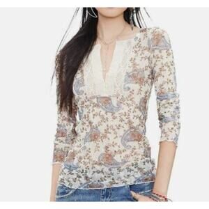 Ralph Lauren Denim & Supply Top Womens Medium Cream Blue Floral Sheer Lace Y2K